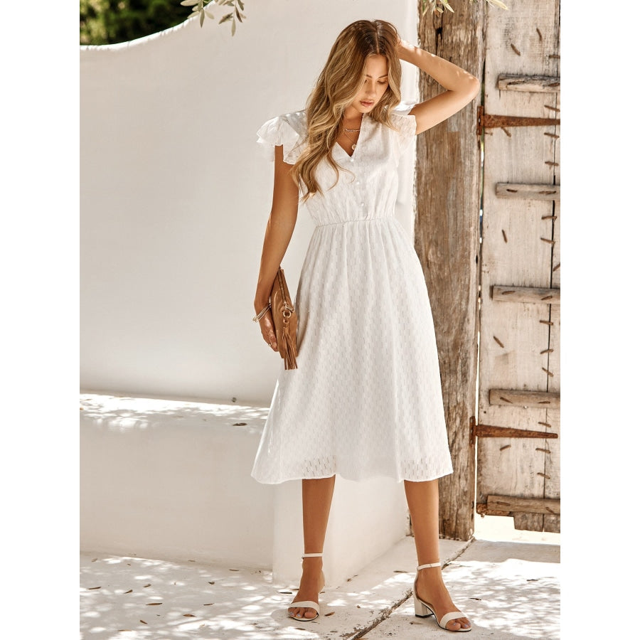 V-Neck Flutter Sleeve Midi Dress White / S