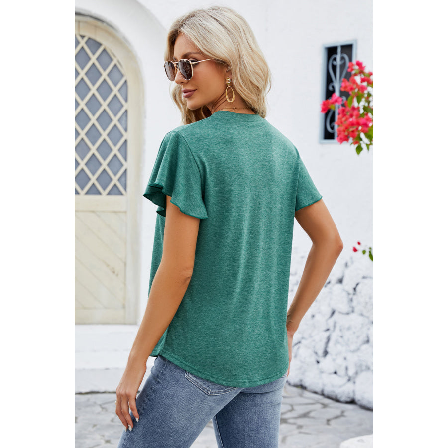 V - Neck Flutter Sleeve T - Shirt Teal / S Apparel and Accessories