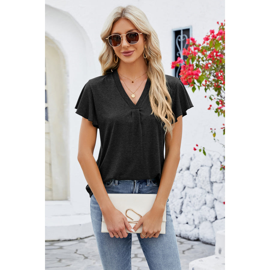 V - Neck Flutter Sleeve T - Shirt Black / S Apparel and Accessories