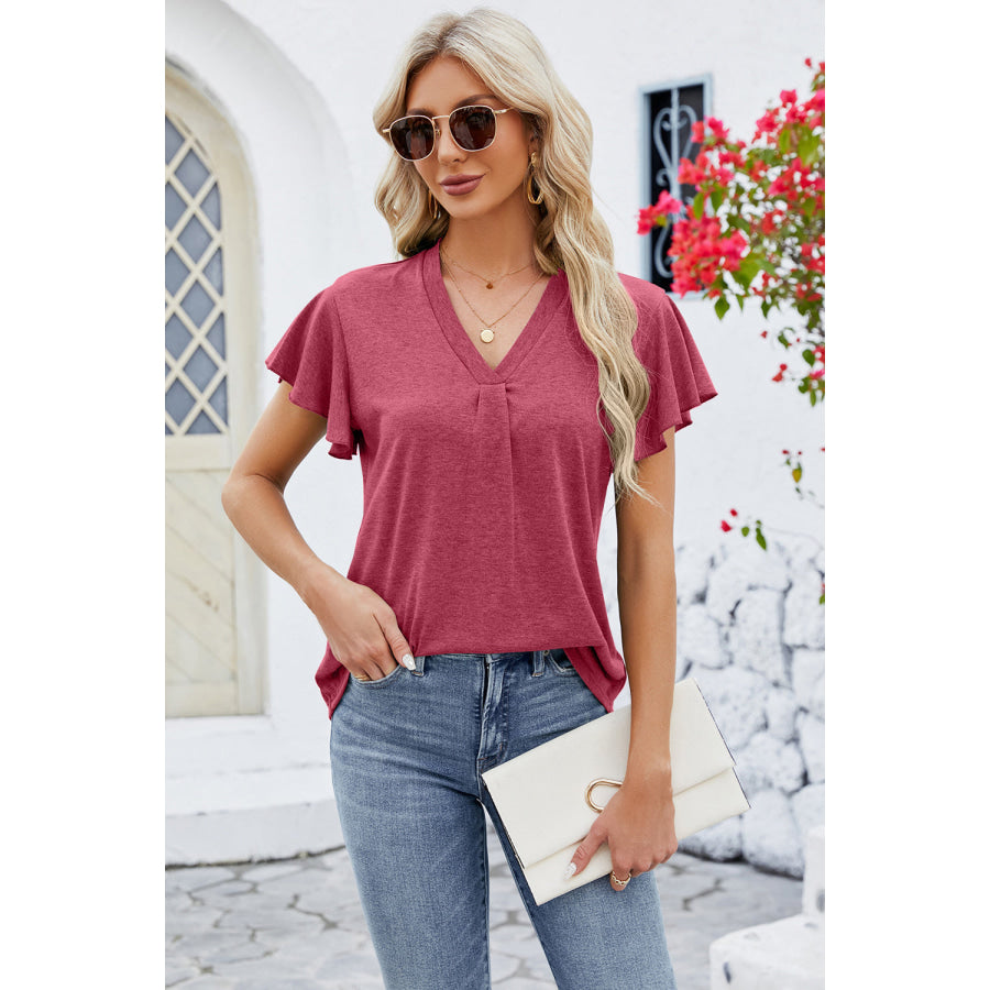 V - Neck Flutter Sleeve T - Shirt Deep Rose / S Apparel and Accessories