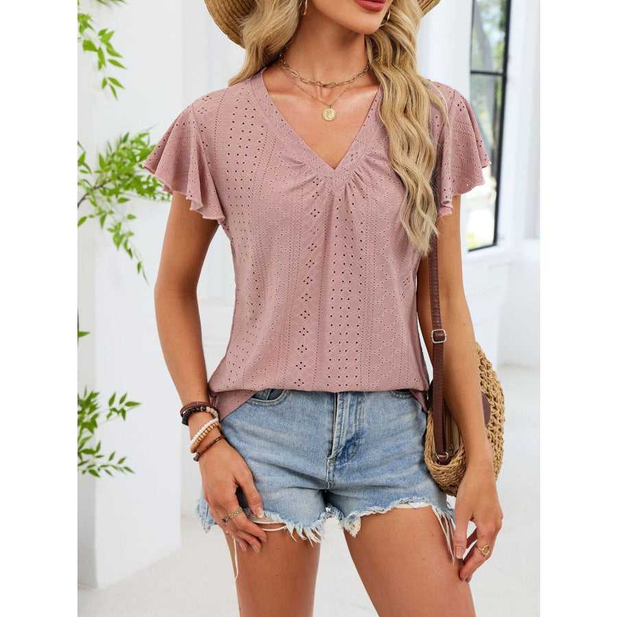 V-Neck Flutter Sleeve T-Shirt Skin Powder / S Apparel and Accessories