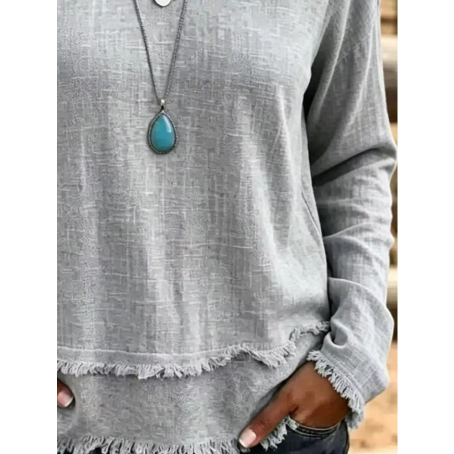 V-Neck Frayed Hem Long Sleeve T-Shirt Apparel and Accessories