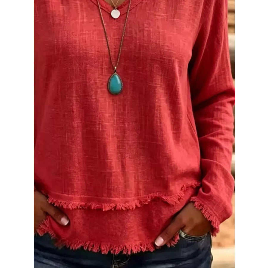 V-Neck Frayed Hem Long Sleeve T-Shirt Apparel and Accessories