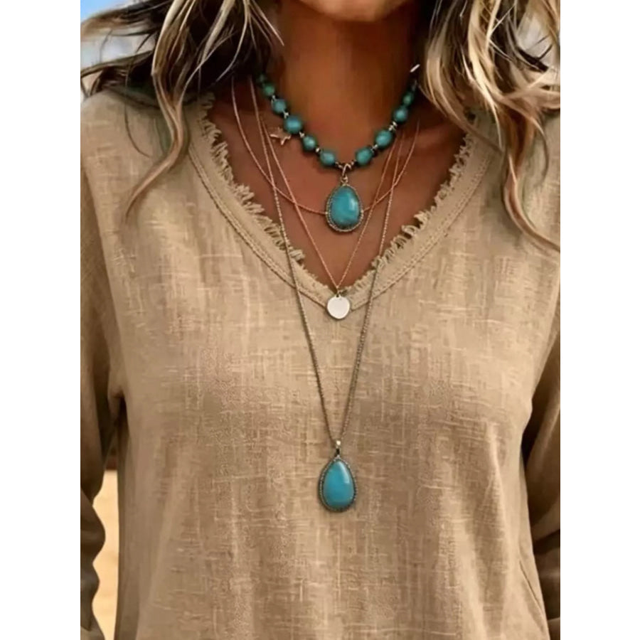 V-Neck Frayed Hem Long Sleeve T-Shirt Apparel and Accessories
