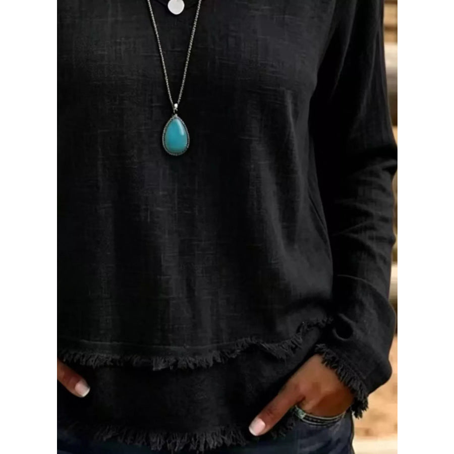 V-Neck Frayed Hem Long Sleeve T-Shirt Apparel and Accessories