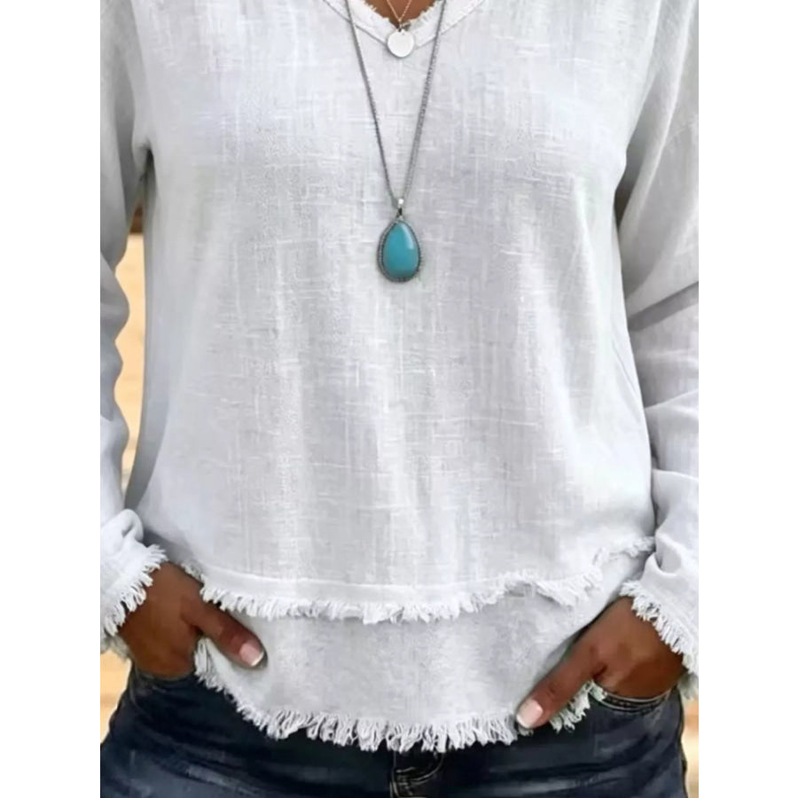 V-Neck Frayed Hem Long Sleeve T-Shirt Apparel and Accessories