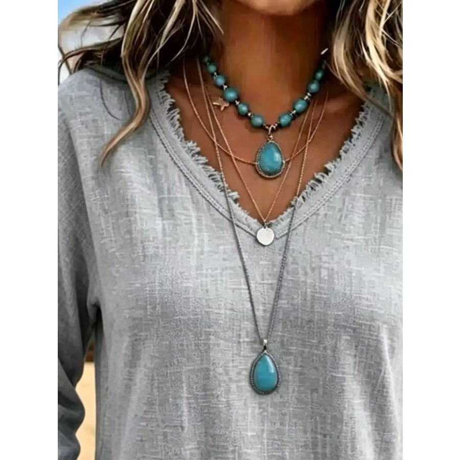 V-Neck Frayed Hem Long Sleeve T-Shirt Apparel and Accessories