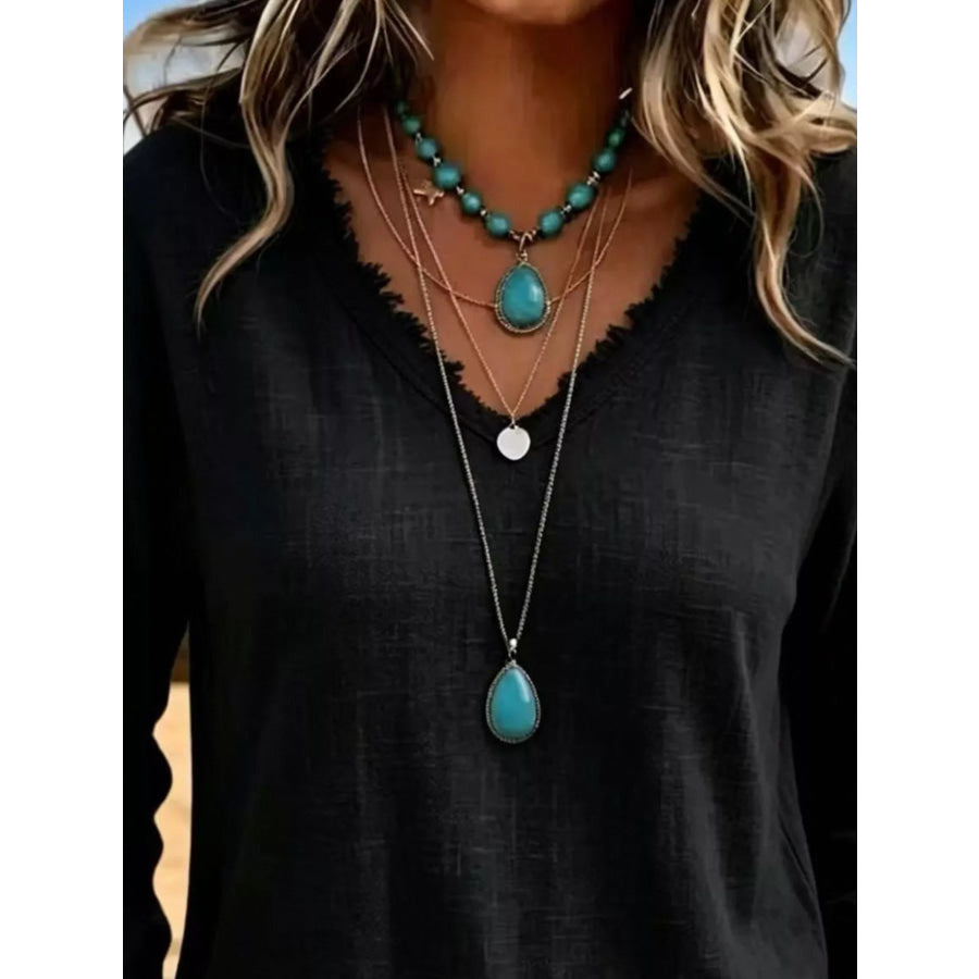 V-Neck Frayed Hem Long Sleeve T-Shirt Apparel and Accessories