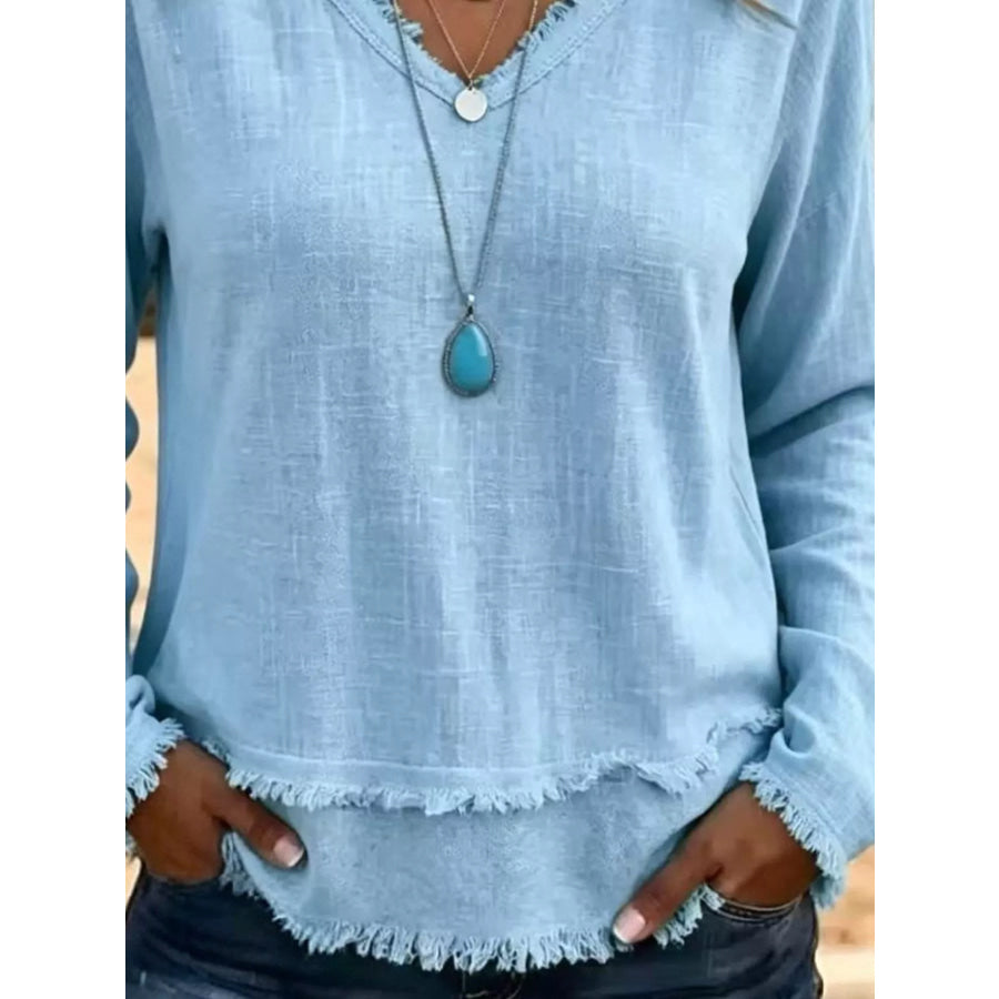 V-Neck Frayed Hem Long Sleeve T-Shirt Apparel and Accessories