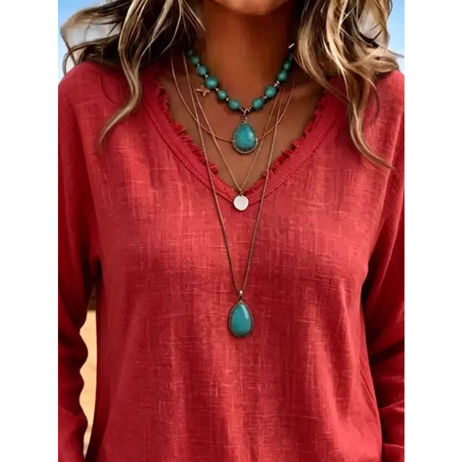 V-Neck Frayed Hem Long Sleeve T-Shirt Apparel and Accessories