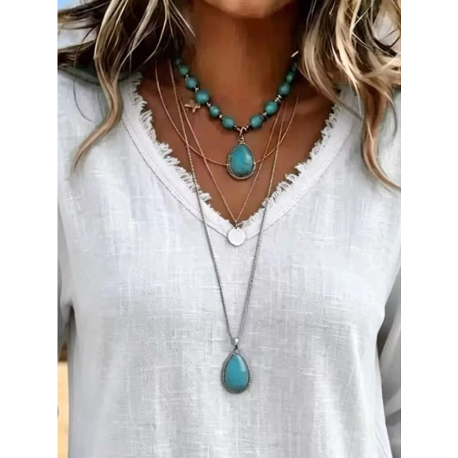 V-Neck Frayed Hem Long Sleeve T-Shirt Apparel and Accessories