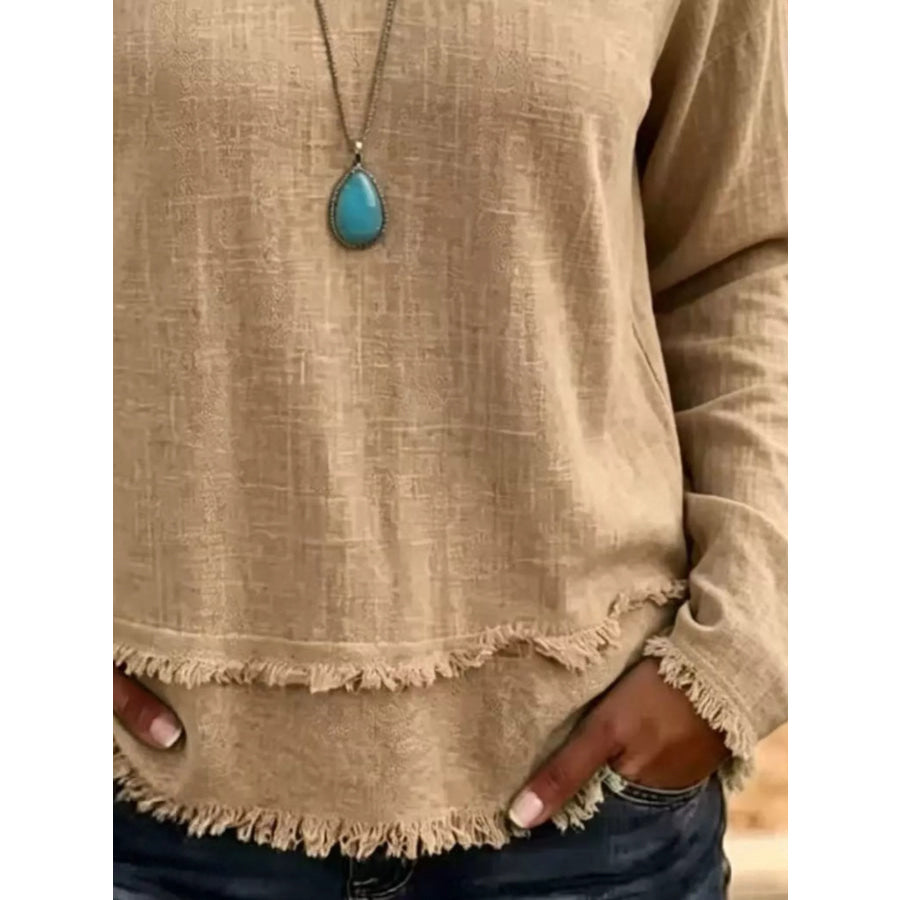 V-Neck Frayed Hem Long Sleeve T-Shirt Apparel and Accessories