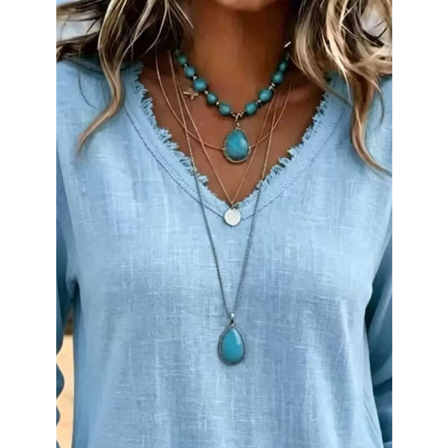 V-Neck Frayed Hem Long Sleeve T-Shirt Apparel and Accessories