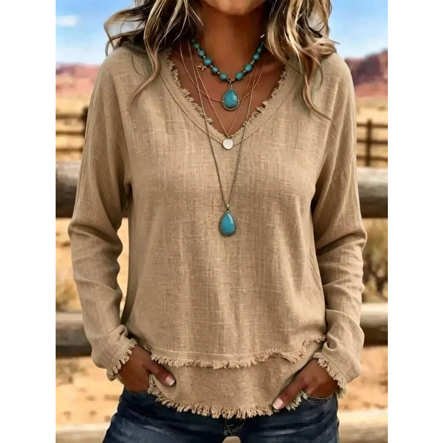 V-Neck Frayed Hem Long Sleeve T-Shirt Khaki / S Apparel and Accessories
