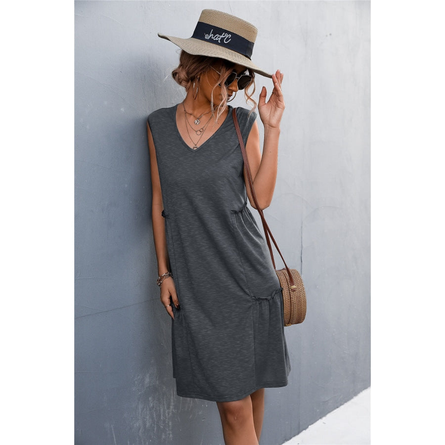 V-Neck Frill Trim Sleeveless Dress Gray / S