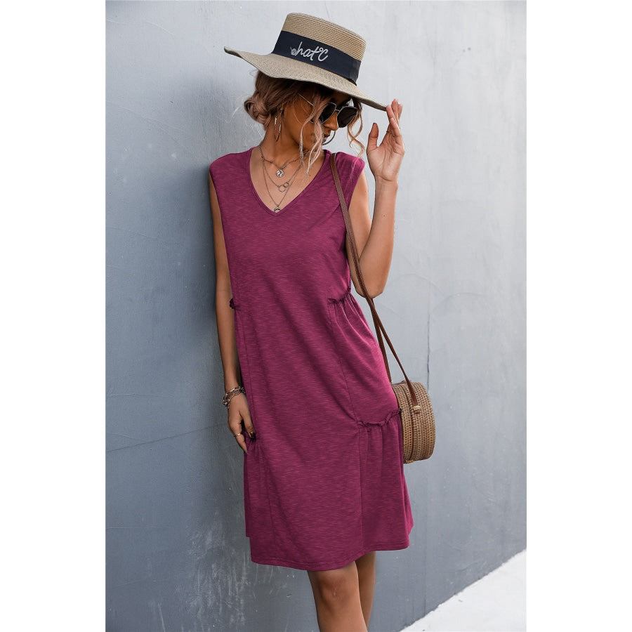 V-Neck Frill Trim Sleeveless Dress Magenta / S