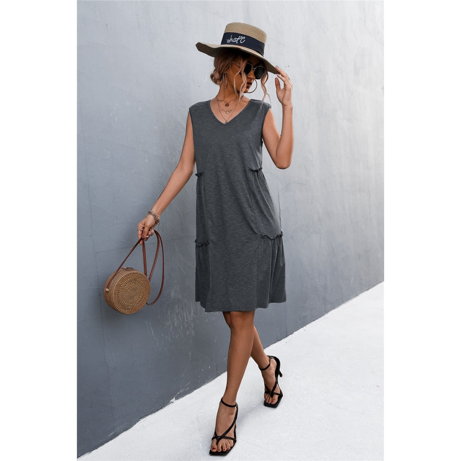 V-Neck Frill Trim Sleeveless Dress