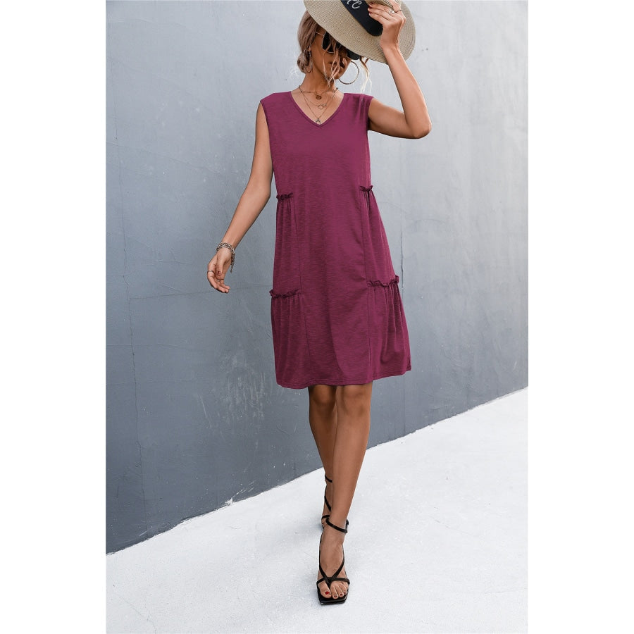 V-Neck Frill Trim Sleeveless Dress