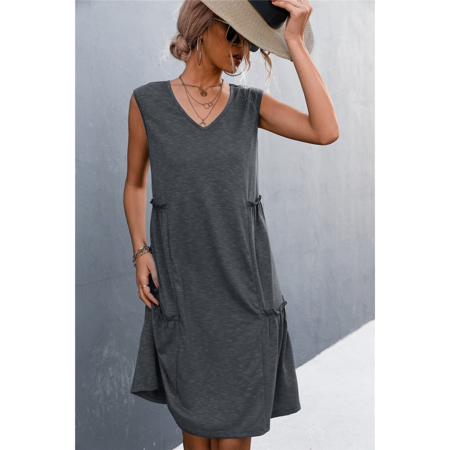 V-Neck Frill Trim Sleeveless Dress