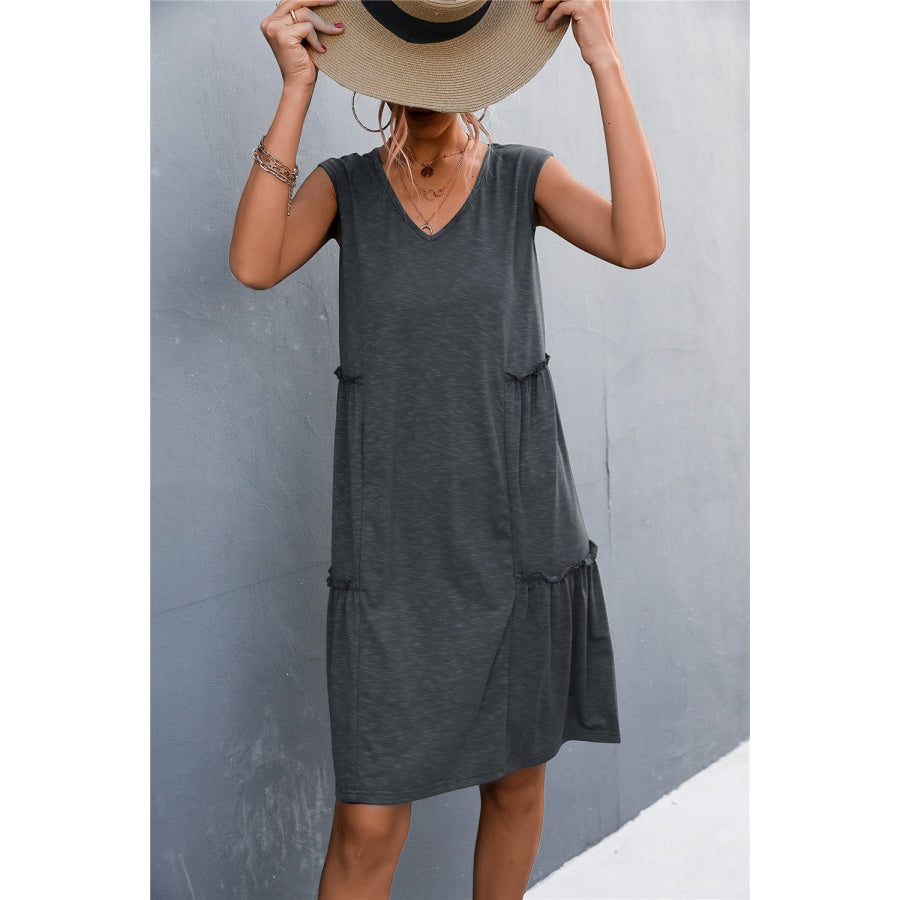 V-Neck Frill Trim Sleeveless Dress