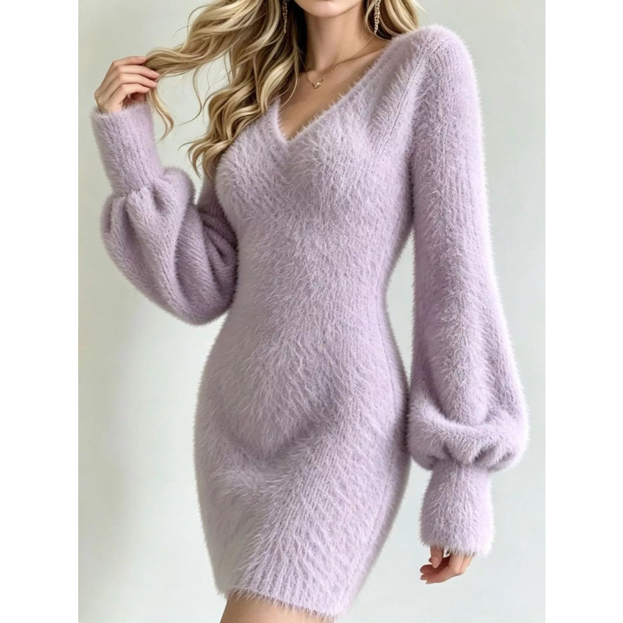 V-Neck Fuzzy Knit Sweater Dress Apparel and Accessories