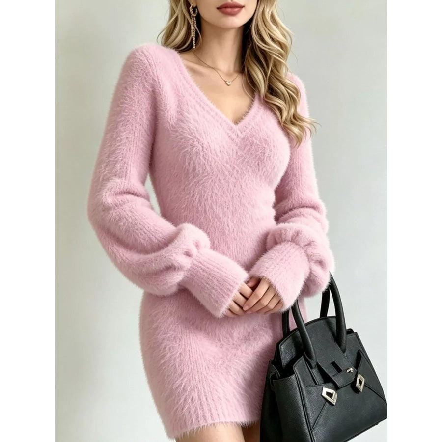 V-Neck Fuzzy Knit Sweater Dress Apparel and Accessories