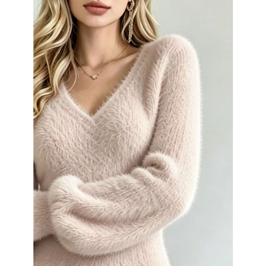 V-Neck Fuzzy Knit Sweater Dress Apparel and Accessories