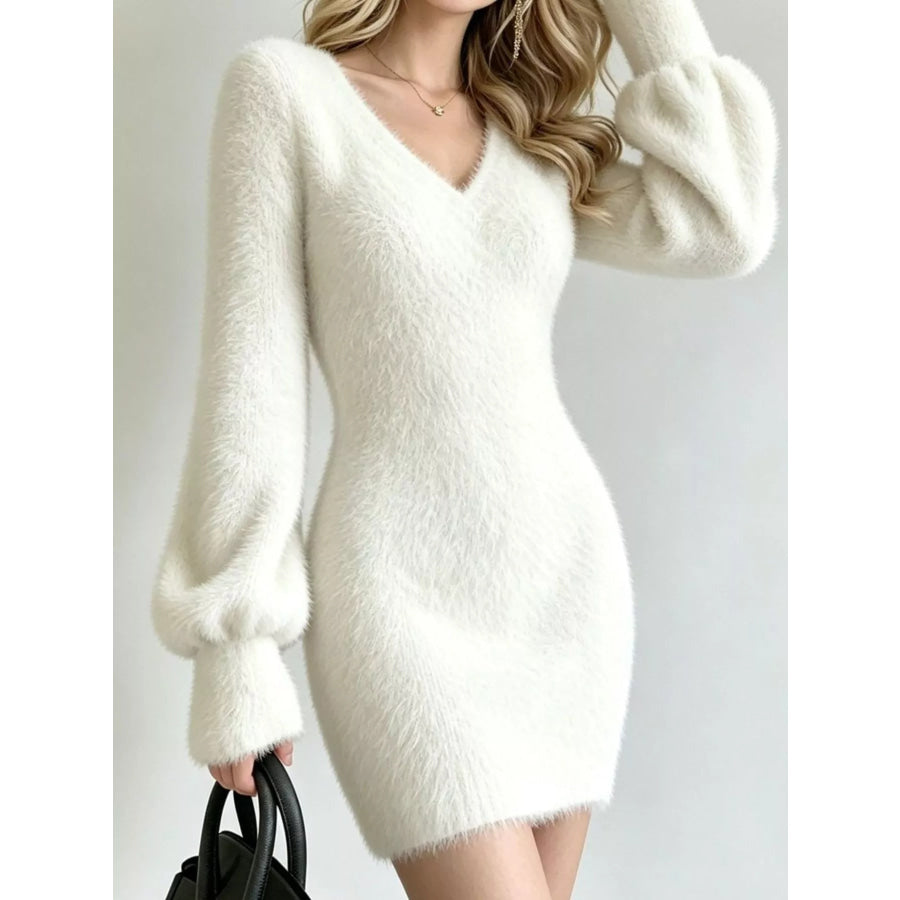 V-Neck Fuzzy Knit Sweater Dress Apparel and Accessories