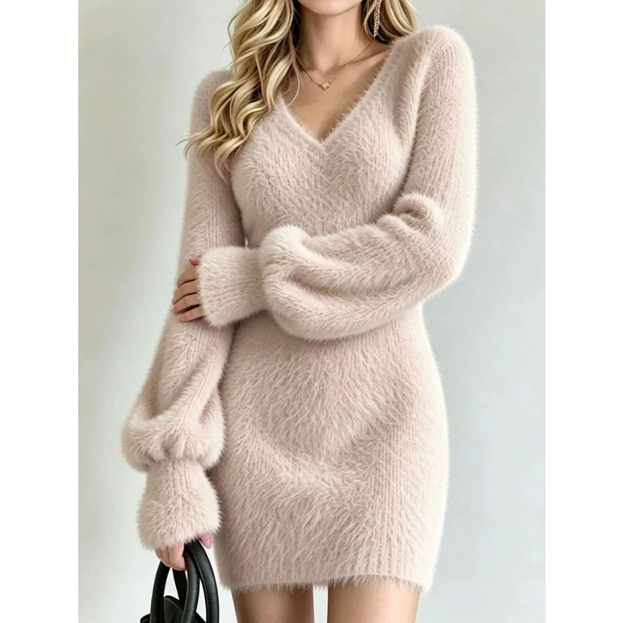 V-Neck Fuzzy Knit Sweater Dress Beige / S Apparel and Accessories