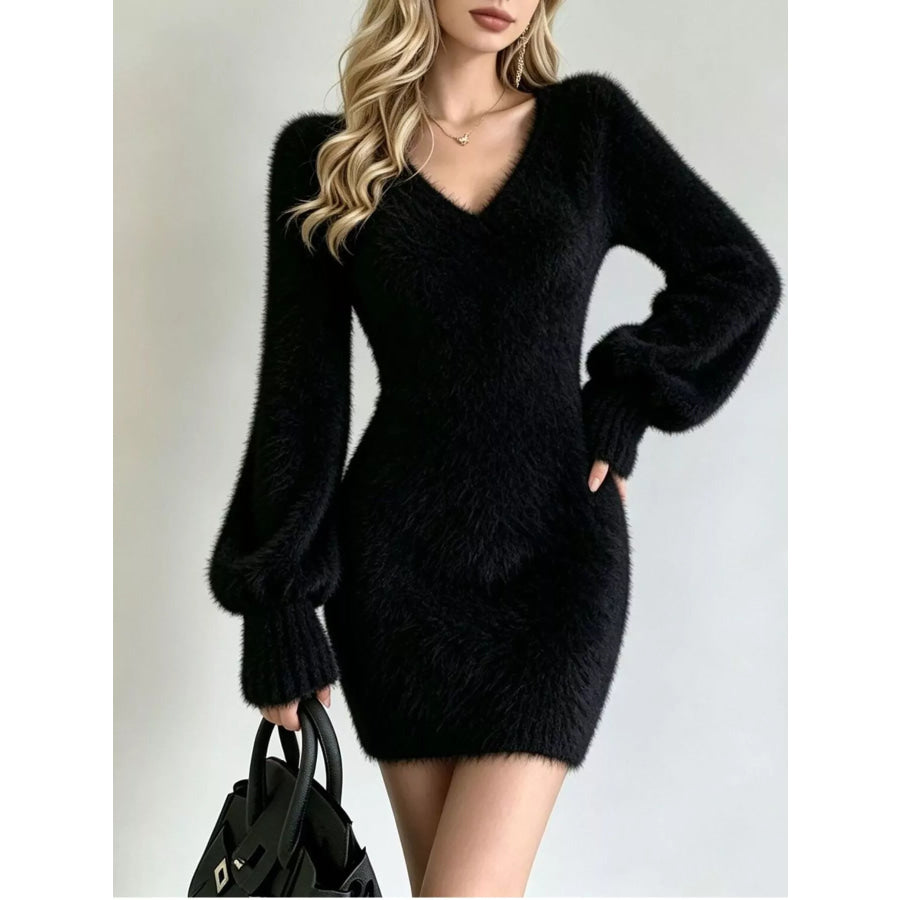 V-Neck Fuzzy Knit Sweater Dress Black / S Apparel and Accessories