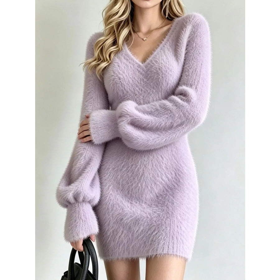 V-Neck Fuzzy Knit Sweater Dress Lavender / S Apparel and Accessories