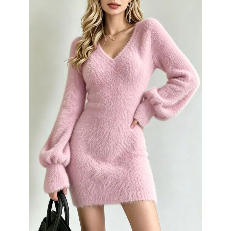 V-Neck Fuzzy Knit Sweater Dress Pink / S Apparel and Accessories