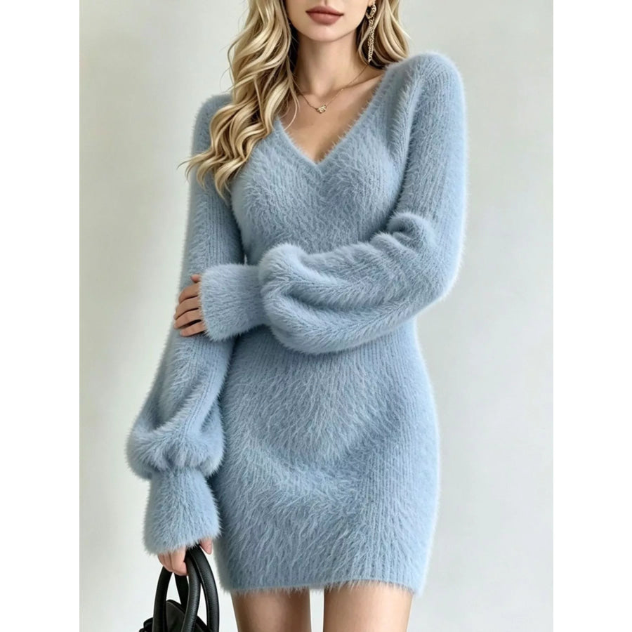 V-Neck Fuzzy Knit Sweater Dress Sky Blue / S Apparel and Accessories