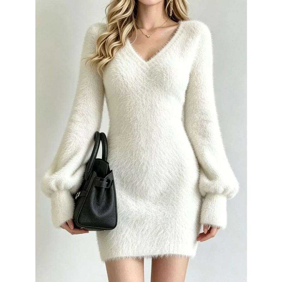 V-Neck Fuzzy Knit Sweater Dress White / S Apparel and Accessories