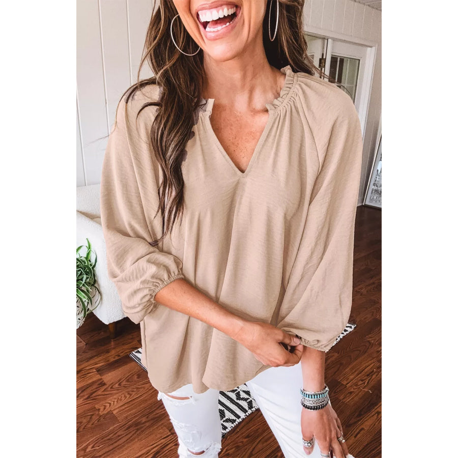 V Neck Gathered Cuff Three Quarter Sleeve Blouse Apparel and Accessories