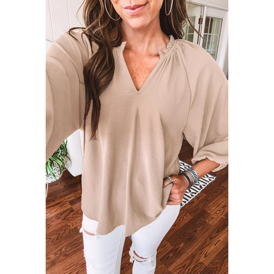 V Neck Gathered Cuff Three Quarter Sleeve Blouse Apparel and Accessories