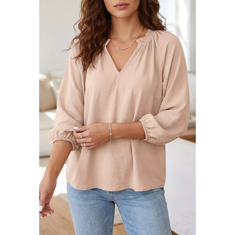 V Neck Gathered Cuff Three Quarter Sleeve Blouse Apparel and Accessories