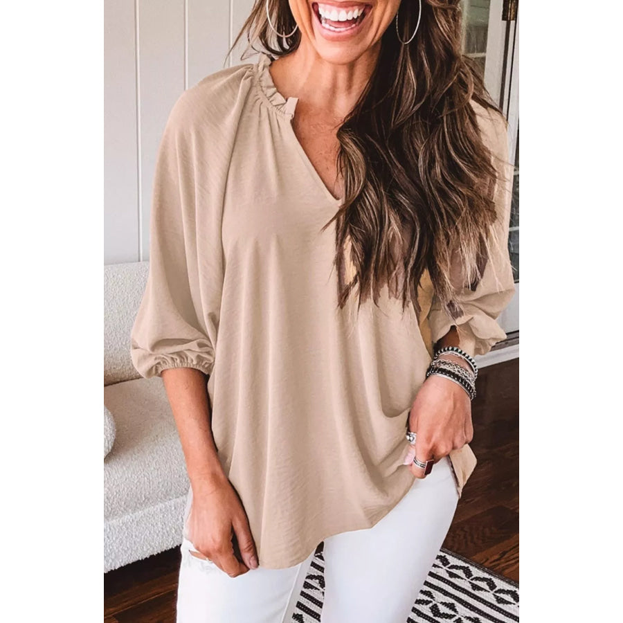 V Neck Gathered Cuff Three Quarter Sleeve Blouse Watermelon pink / S Apparel and Accessories