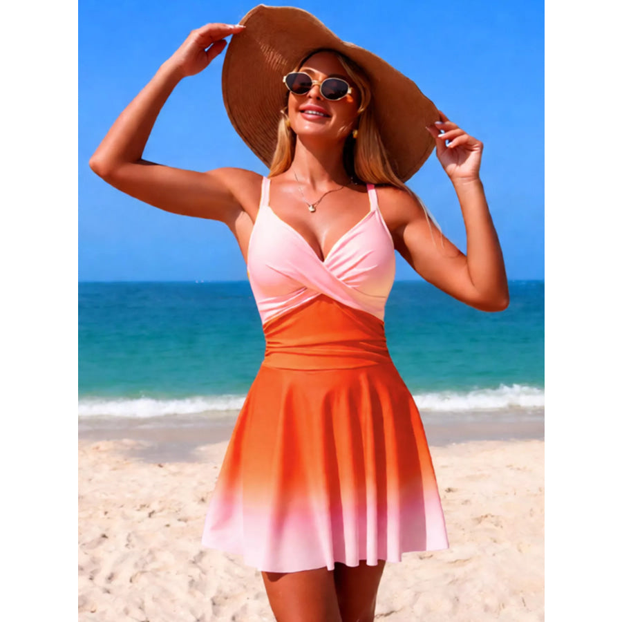 V-Neck Gradient One-Piece Swimsuit Orange / S Apparel and Accessories