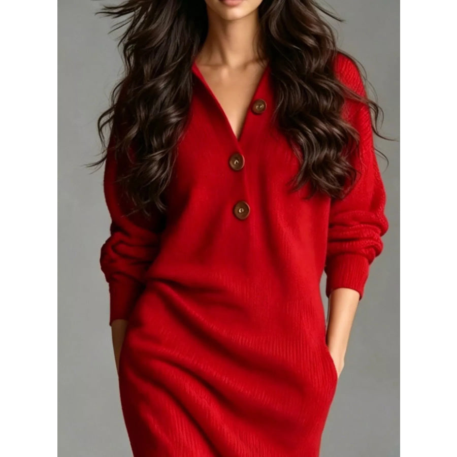 V-Neck Half-Button Ribbed Knit Dress Apparel and Accessories