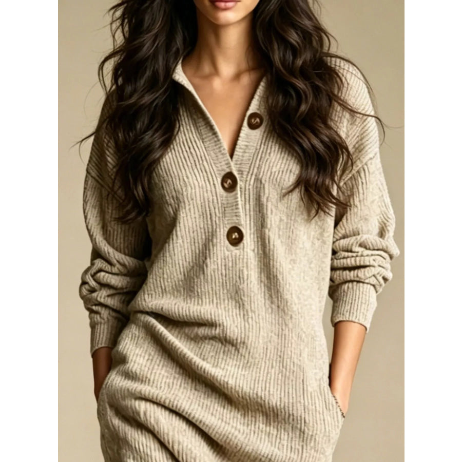 V-Neck Half-Button Ribbed Knit Dress Apparel and Accessories