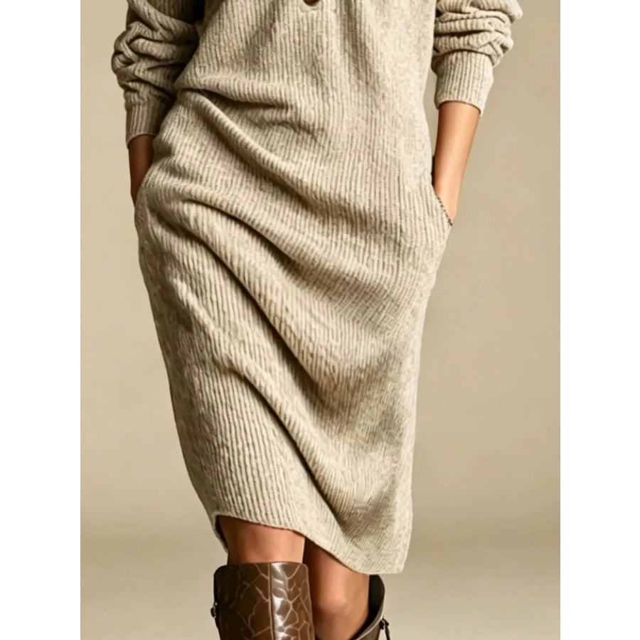 V-Neck Half-Button Ribbed Knit Dress Apparel and Accessories