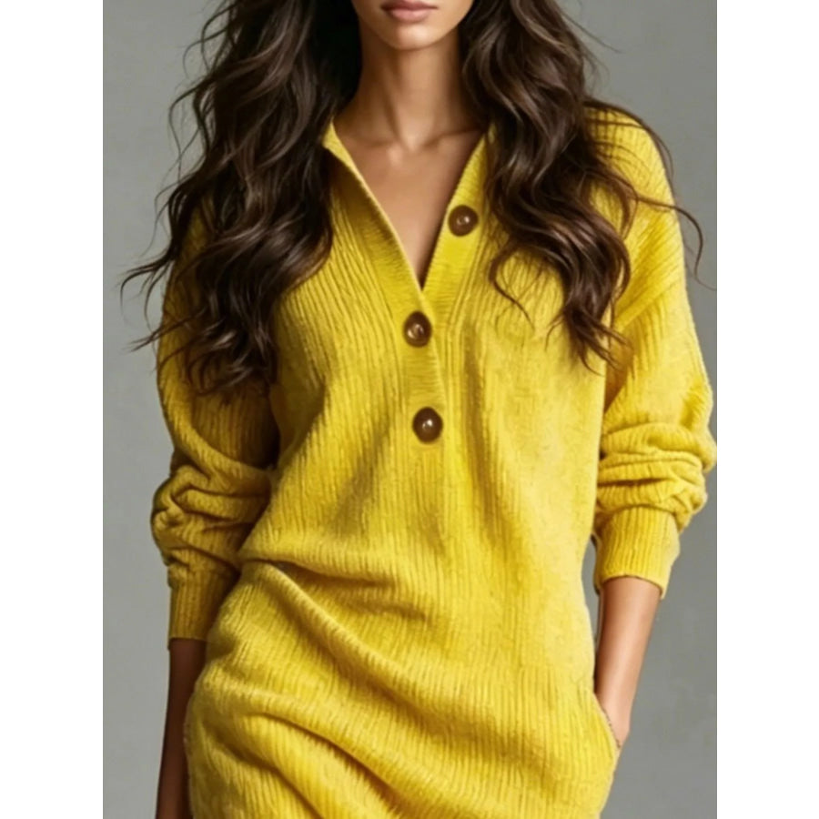 V-Neck Half-Button Ribbed Knit Dress Apparel and Accessories