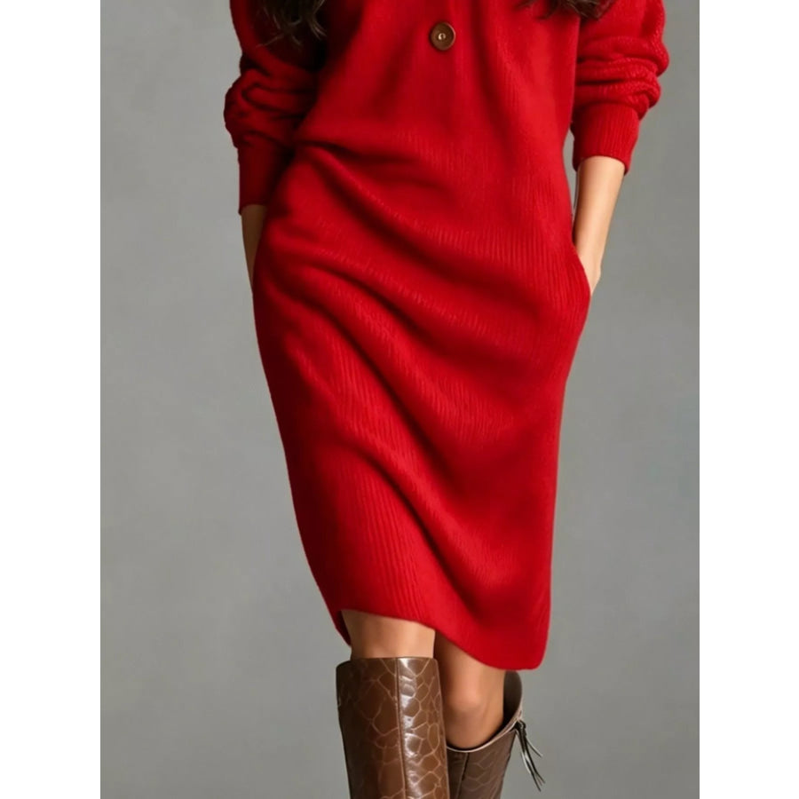 V-Neck Half-Button Ribbed Knit Dress Apparel and Accessories