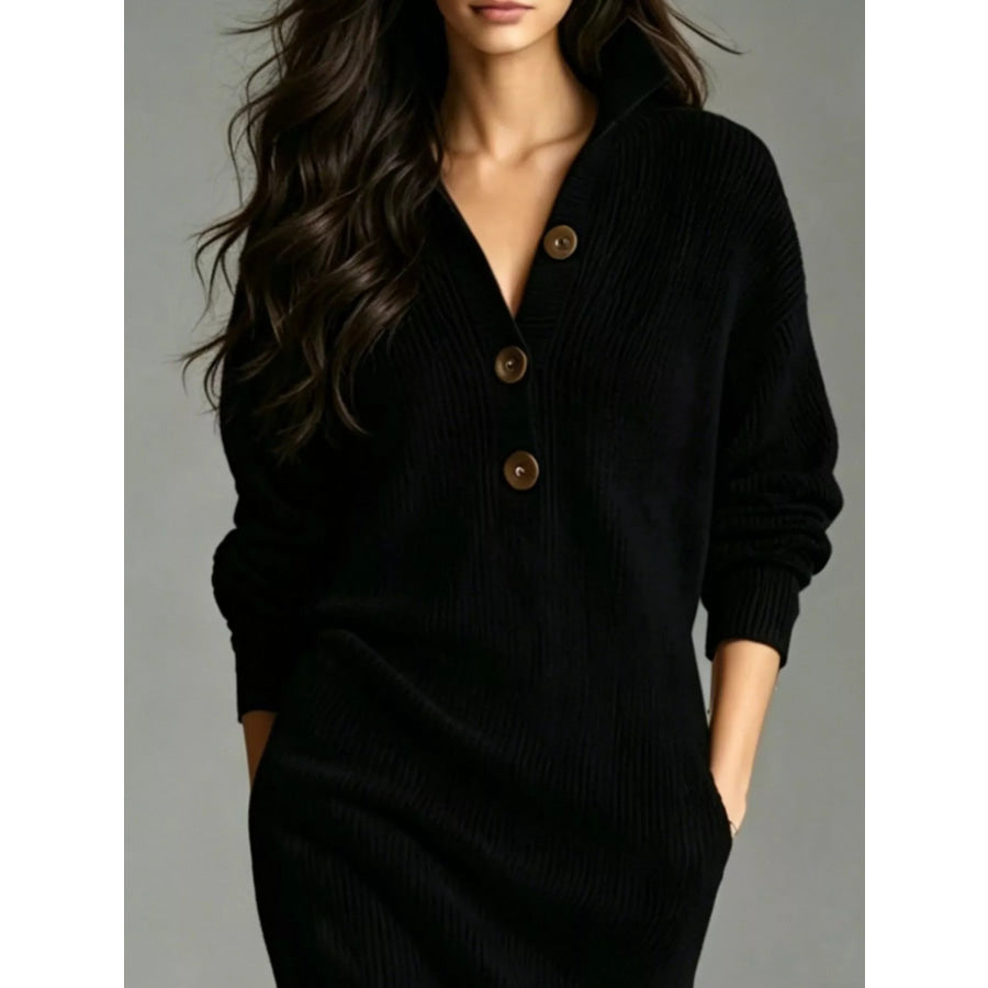 V-Neck Half-Button Ribbed Knit Dress Apparel and Accessories