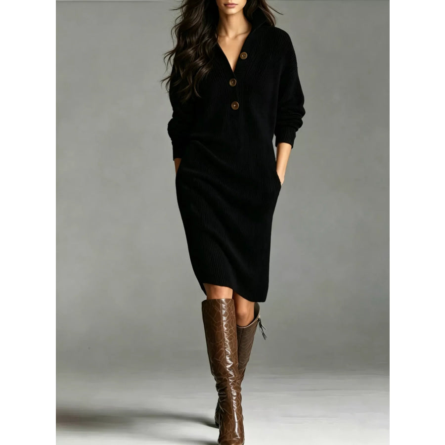 V-Neck Half-Button Ribbed Knit Dress Black / S Apparel and Accessories