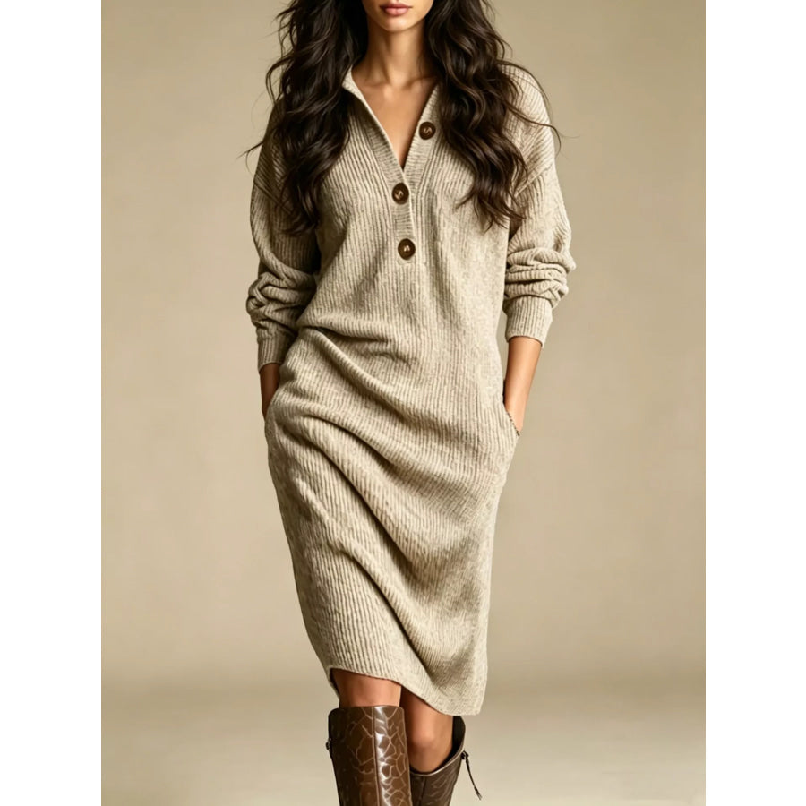V-Neck Half-Button Ribbed Knit Dress Khaki / S Apparel and Accessories