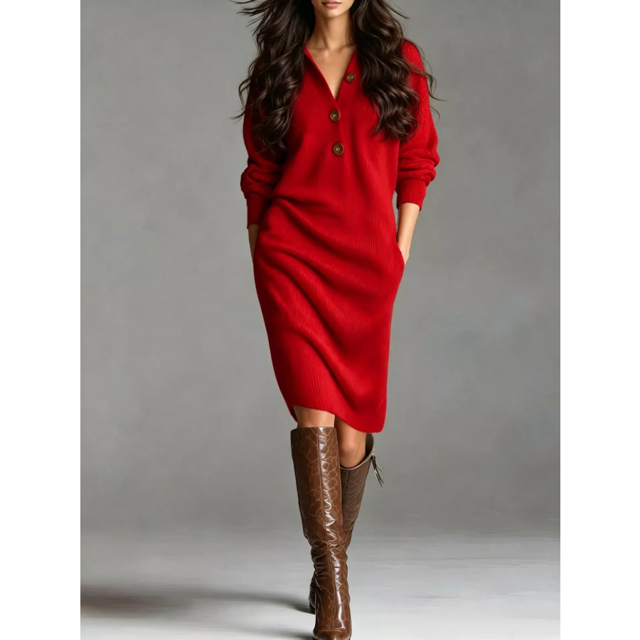 V-Neck Half-Button Ribbed Knit Dress Red / S Apparel and Accessories