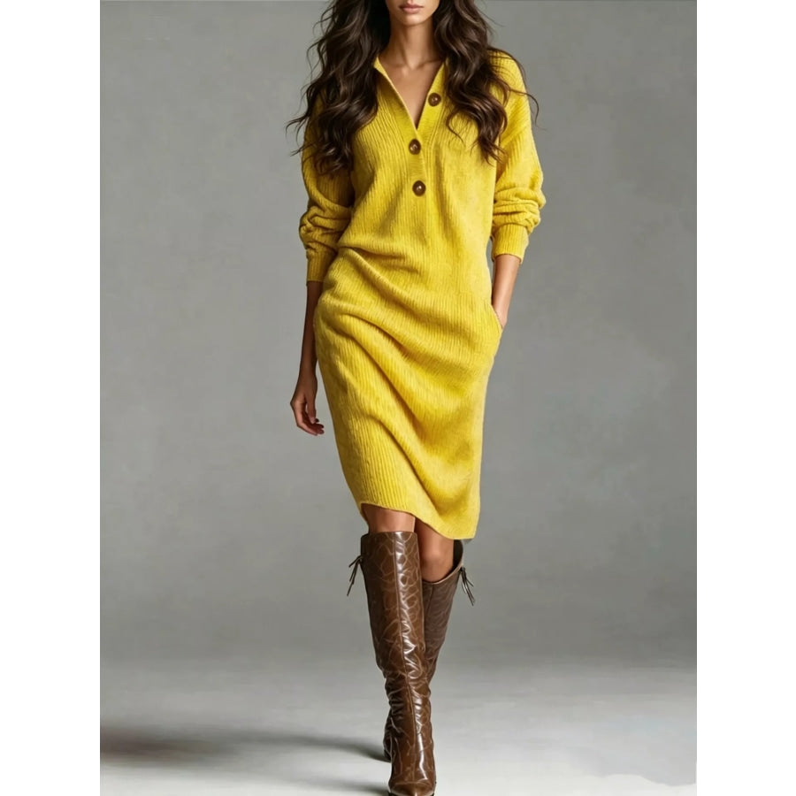 V-Neck Half-Button Ribbed Knit Dress Yellow / S Apparel and Accessories