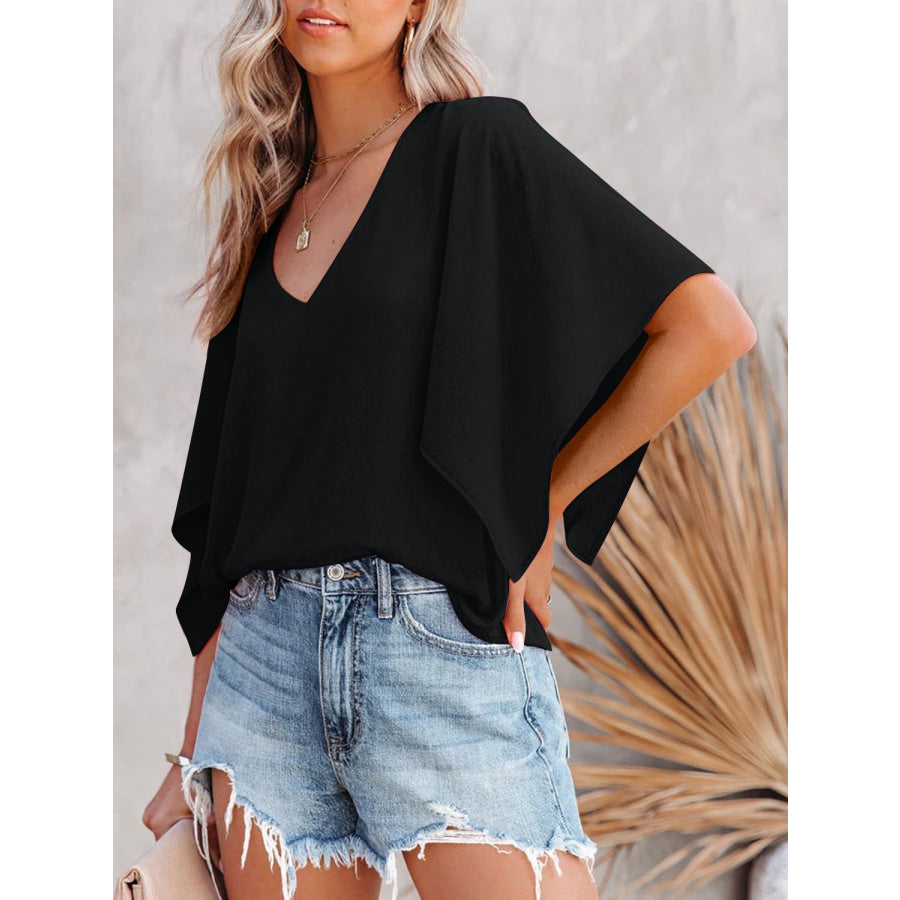V-Neck Half Sleeve Blouse Black / S Apparel and Accessories